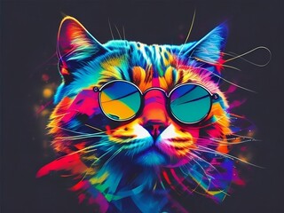  Colourful cool cat with sunglasses, T-shirt and apparel printing design