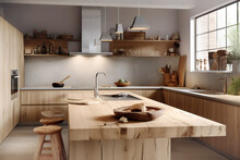 Modern Interior Design Of Kitchen With Solid Wood Island And Rustic Stools Near It. Created With Generative AI