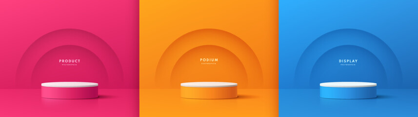 Wall Mural - set of 3d background with cylinder podium in pink, orange and blue with layers semi circle shadow. w