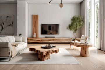 Minimalist interior design of modern living room with rustic accent pieces. Created with generative AI