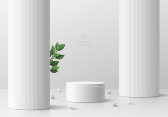 Realistic 3d gray white cylinder pedestal podium with luxury huge pillar or pole background and green leaf. 3d vector rendering. Round stage showcase. Minimal scene product display mockup presentation