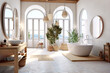 Mediterranean interior design of modern spacious bathroom with rustic elements and arched windows. Created with generative AI technology.