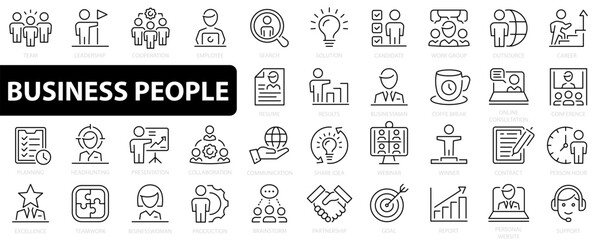 Business people 36 icon set. Business teamwork icons. Work group and human resources. Outline icons collection. Vector illustration.