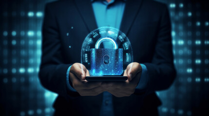 Poster - Cybersecurity and privacy concepts to protect data. Lock icon and internet network security technology. Businessman protecting personal data on smartphone. cyber security. created with ai
