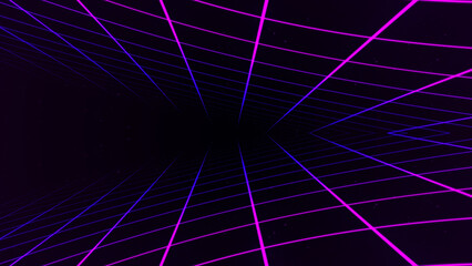 Poster - Abstract retro synthwave grid loop animation background 3d render. Looping grid motion design with particles moving away from the screen. 3d render.