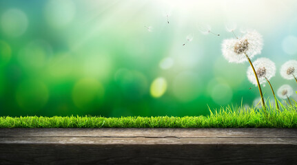 Wall Mural - dandelion weed seeds blowing across a spring garden of a green grass lawn with a wooden bench to dis