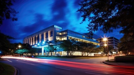 Hospital building at night, with the warm glow of lights shining through the windows. Long exposure. Generative AI