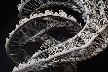 Poster - DNA double helix, with intricate cutouts representing the base pairs and the twisting structure of the molecule, showcasing the complexity and beauty of genetic information.  Generative AI technology.