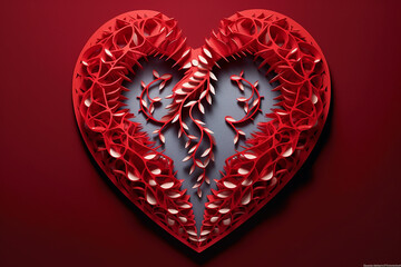 Poster - A captivating paper-cut design of DNA helixes intertwining and forming a heart shape, symbolizing the connection between genetics and the essence of life and love. Generative AI technology.