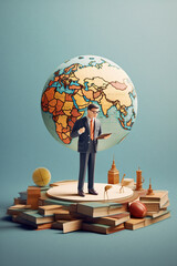 Aufkleber -  teacher holding a book and pointing to a world map, symbolizing the role of educators in guiding students towards knowledge and understanding of the world.  Generative AI technology.