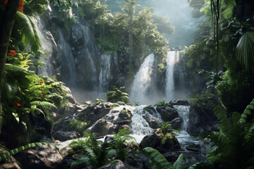 Poster -  cascading waterfall, with sparkling water droplets and lush vegetation that extends from the foreground to the background, creating a sense of movement and vitality.Generative AI technology.