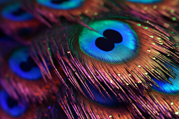 Poster - A close-up photograph of a peacock feather, with its iridescent colors and intricate patterns,  Generative AI technology.