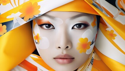 Fototapete - Asian ethnicity. Close up view of a beautiful woman with abstract objects. Beautiful illustration picture. Generative AI