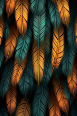 Poster - A symmetrical feather background pattern texture, with feathers mirrored and repeated to create a balanced and harmonious composition Generative AI technology.