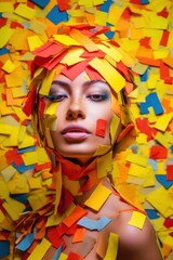 Fototapete - With yellow and red stickers. Close up view of a beautiful woman. Beautiful illustration picture. Generative AI