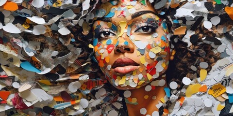 Fototapete - Colorful paper objects. Close up view of a beautiful woman. Beautiful illustration picture. Generative AI