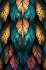 Poster - A symmetrical feather background pattern texture, with feathers mirrored and repeated to create a balanced and harmonious composition. Generative AI technology.