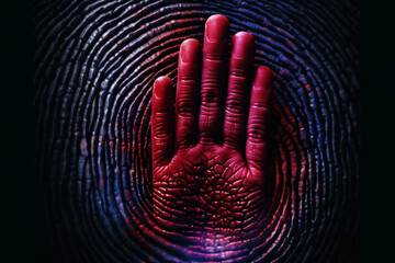 Poster - A digitally manipulated fingerprint image, with distorted and surreal elements, creating an otherworldly and thought-provoking visual.  Generative AI technology.