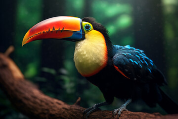 Poster - A close-up shot of a colorful toucan perched on a branch, with its vibrant feathers and distinctive beak stealing the spotlight. Generative AI technology.