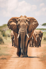 Poster - a group of elephants walking in a line across the African plains, highlighting their strong social bonds and family dynamics. Generative AI technology.
