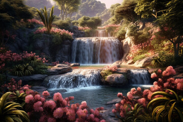 Poster - a cascading waterfall surrounded by lush greenery and blooming flowers, creating a tranquil and serene atmosphere.  Generative AI technology.