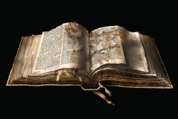 Aufkleber - the Bible's pages unfolding, revealing a hidden message or imagery within. Generative AI technology.