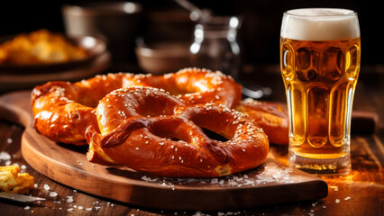 Wall Mural - Bavarian pretzels with beer on a wooden background. generative ai