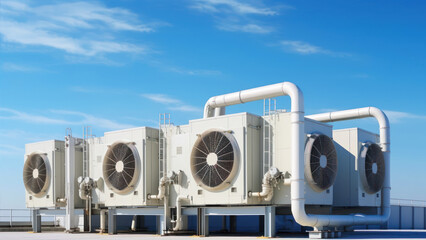 Air conditioning units on a blue sky background. 3d rendering. generative ai