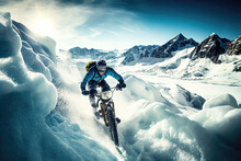 Mountain Biker Riding Downhill In Ice And Snow In Winter (Generative AI)