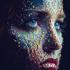 Portrait of woman's face in mosaic pixel style (Generative AI)