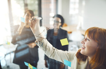 Poster - Woman, teamwork and planning notes on glass for schedule, mindmap and collaboration of goals, target and project. Happy employees, brainstorming and writing ideas for innovation, training and mission
