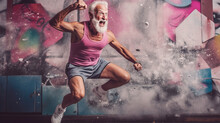 Senior, Elderly People Training Box, Gritty Gym, In Shorts And Dirty Tank Top, Graffiti Background, All Psyched Up And Euphoric, Frozen Action Pose, Hypebeast. Generative AI