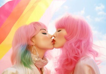 Two pretty stylish cool generation z girls lgbtq couple dating in love, together kissing with eyes closed on sky, AI Generated