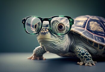 Funny little green turtle with glasses in front on green background. Generative AI.