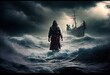 Jesus walks on water across the sea towards a boat during a storm. Generative AI.