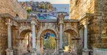 Welcome To The Magnificent Antalya Concept. Collage Of Famous Landmarks: Hadrian's Gate Old Town Kaleici District And Konyaaltı Beach Popular Holiday Destination In Antalya, Turkey