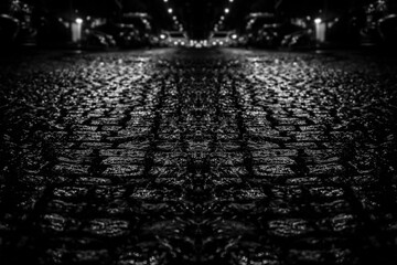 night life. empty Cobblestone Pavement - Reflection in Urban Night. Wet Blue road or Sidewalk. wet pavement paved with large cobblestones after the rain. night scene.