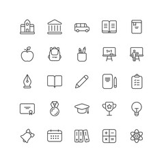 Outline style ui icons education and school class collection. Vector black linear icon illustration set. Science subject, building, graduation and book symbol. Design element