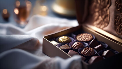 chocolates and chocolate pralines in a gift box as a luxury holiday present, generative ai