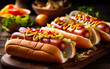 Hot-dog with sausage ketchup and mustard close up photo. Food Photography