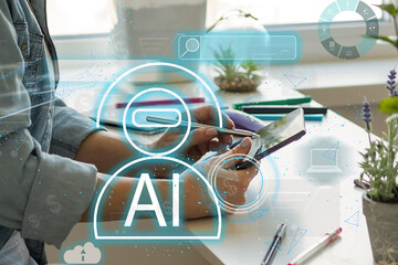 Aufkleber - Woman using computer chatting with an intelligent artificial intelligence asks for the answers wants. knowledge on the internet, e-learning, ChatGPT Chat with AI or Artificial Intelligence technology