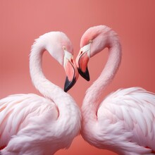 Closeup Of Two Flamingos Making A Heart On A Pink Background .Generative AI
