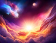 © Irina B - Colourful starburst above multicoloured cloudscape. Concept of Cosmic Energy, divine presence, healing and spiritual jorney. Digital illustration. CG Artwork Background