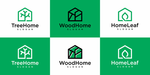 Wall Mural - tree home, wood home, home leaf logo designs. symbols vector elements.