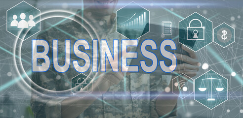 Poster - Businessman holding virtual business icons for planning to success goals target. Business analysis, statistic, strategy and solution management Concept