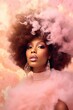 © Glittering Humanity - Beautiful afro american black woman with an afro hairstyle and ear rings standing in a huge pink cloud of smoke. Generated AI.