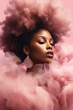 Beautiful Afro American Black Woman With An Afro Hairstyle And Ear Rings Standing In A Huge Pink Cloud Of Smoke. Generated AI.