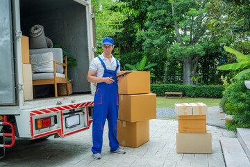 Poster - House moving service worker unloading boxes and checking list before sending them to the homeowner.