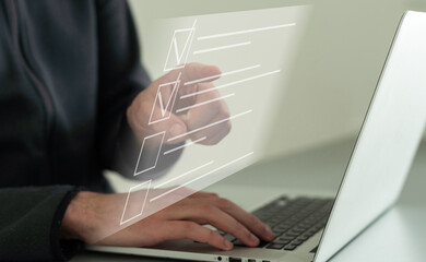 Poster - business technology hologram business icon virtual screen. A man typing hologram screen. technology virtual screen laptop, document, cloud office storage.