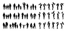 Family Mom And Dad Walking And Playing Together With Kids Silhouettes Set Collection. Parents Holding Picking Up Lifting Up Children Vector Silhouettes.